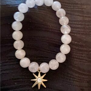 White Jade Bracelet, Natural Stone & Gold tone & Rhinestone Star